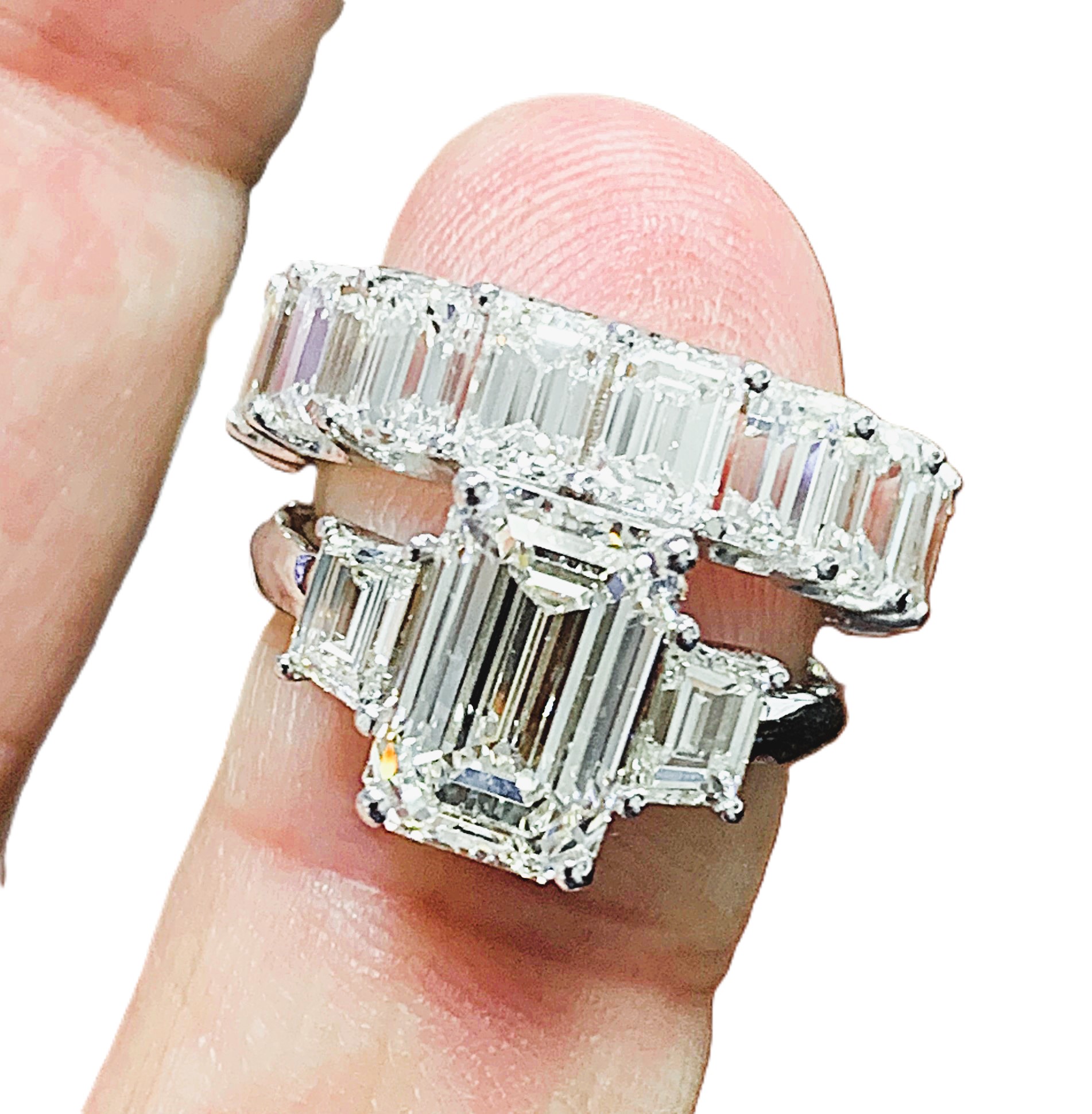 Emerald & Trapezoid Three Stone Ring with Huge Eternity Band